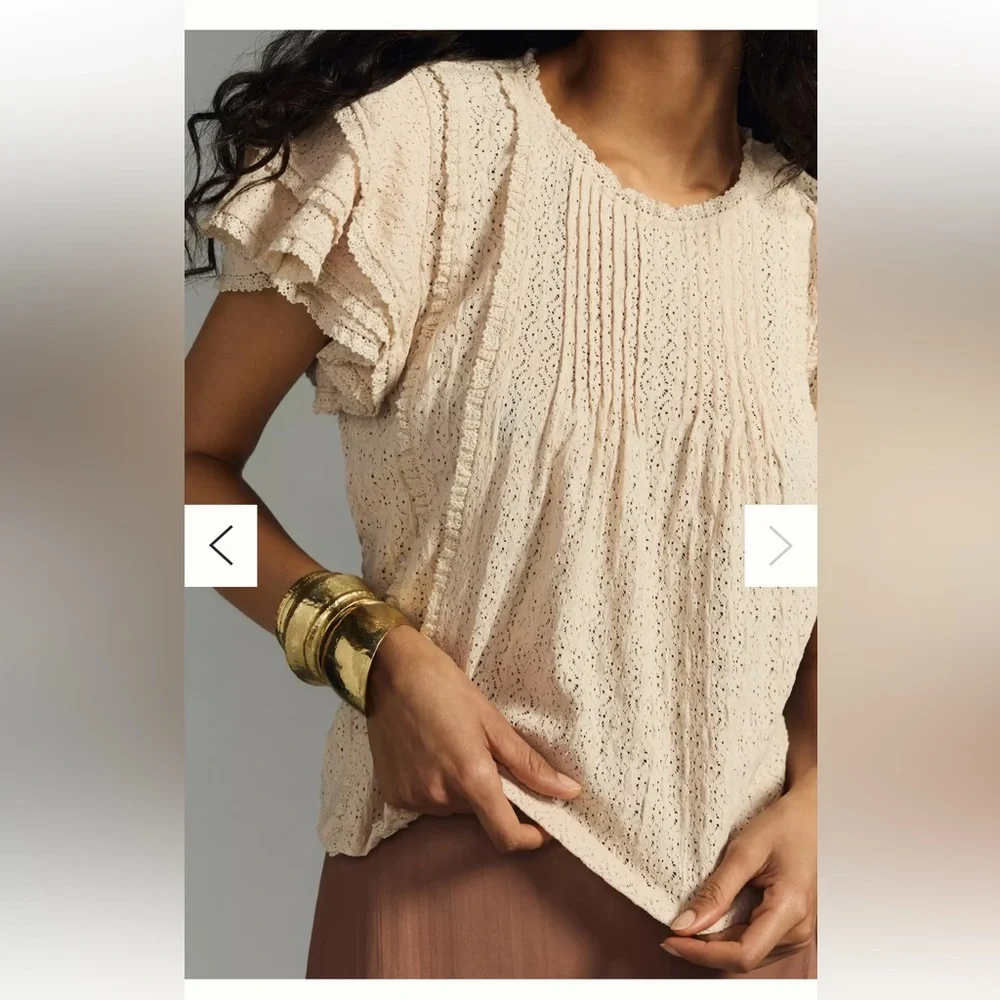 Anthropologie Ruffle Sleeved Cream Lace Blouse - Picture 2 of 13